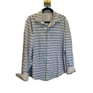 Bugatchi Uomo Dress Button Shirt Blue/White Check Size‎ Large Shaped Fit